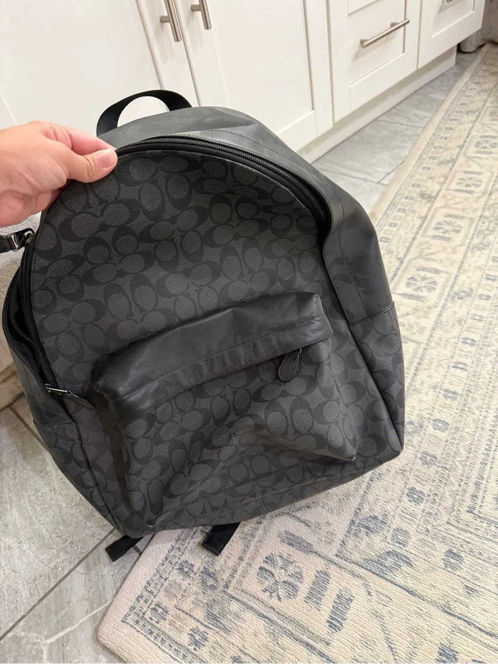 Coach Men’s Large Black Signature Backpack Leather Trim